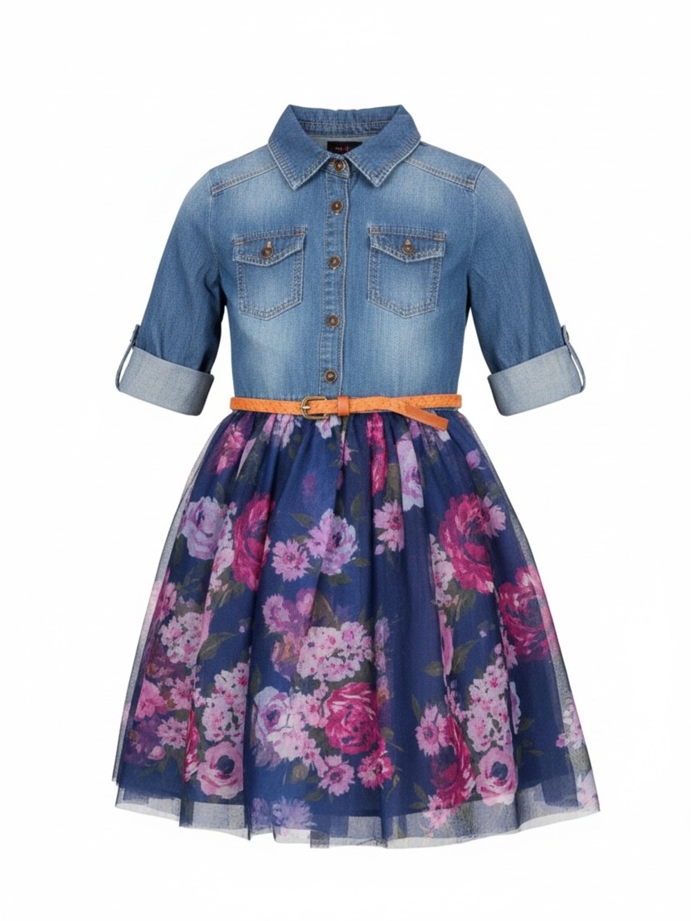 Lilt Girls Size S (7/8) Denim Chambray Bodice 3/4 Sleeve Tulle Tutu Dress w/Belt